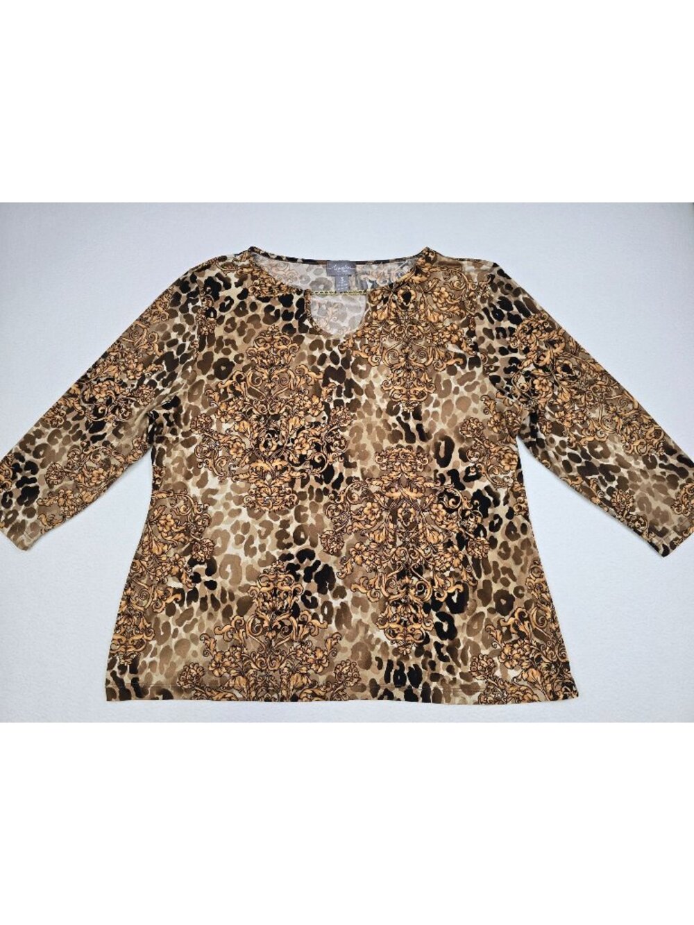 Chicos Travelers Brown & Gold Animal Print Top Size 3 XL Gold Chain Neckline